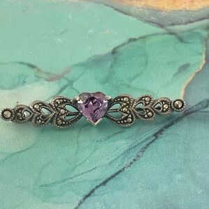 925 Sterling Silver Marcasite Amethyst Brooch Art Deco Vintage Pin